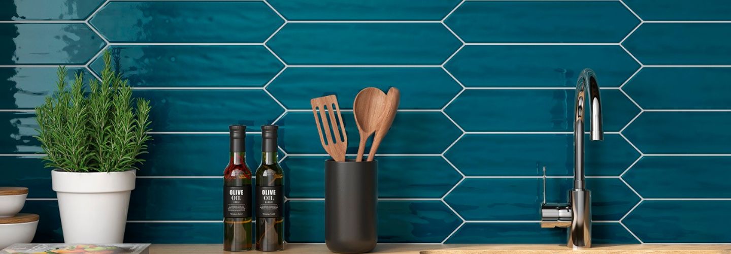 kitchen backsplash with teal wall tile in stacked horizontal pattern 