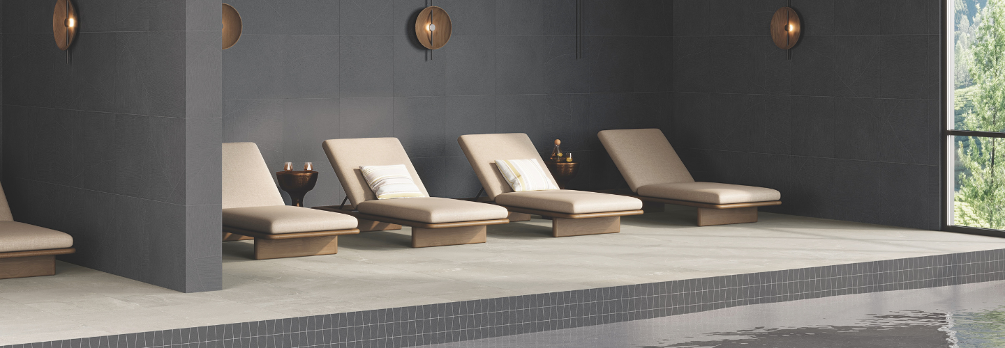 spa swimming pool deck, walls, and waterline with sand Garden porcelain tile 