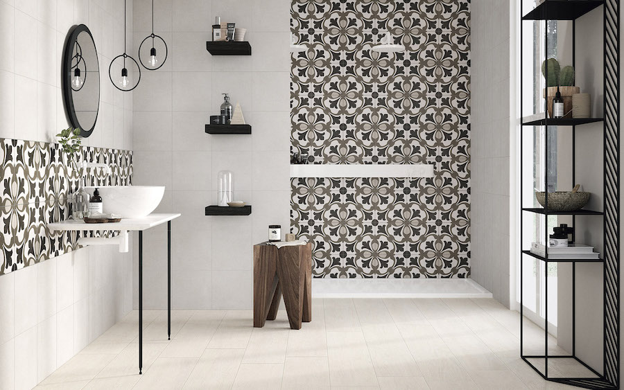 comfort_c_amb_1_bagno_2-full-copy.jpeg bathroom with emncaustic patterned porcelain/ceramic tiles on shower wall and vanity backsplash
