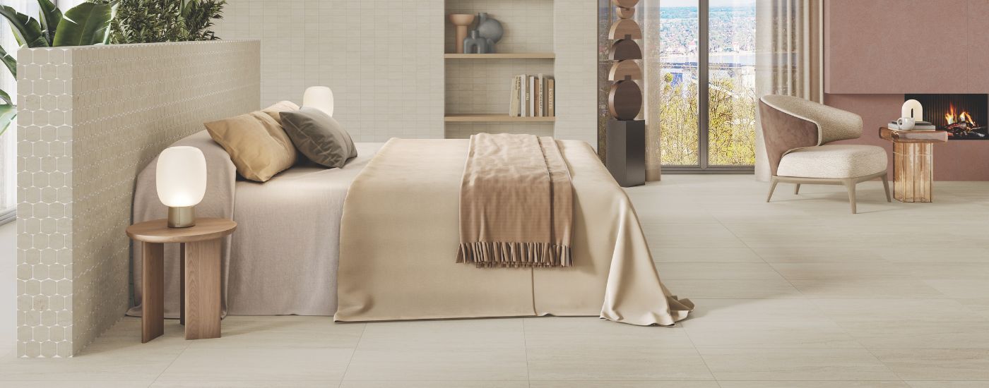 Hotel guest room with Portland cliff large format tile on floor and mosaics on wall 