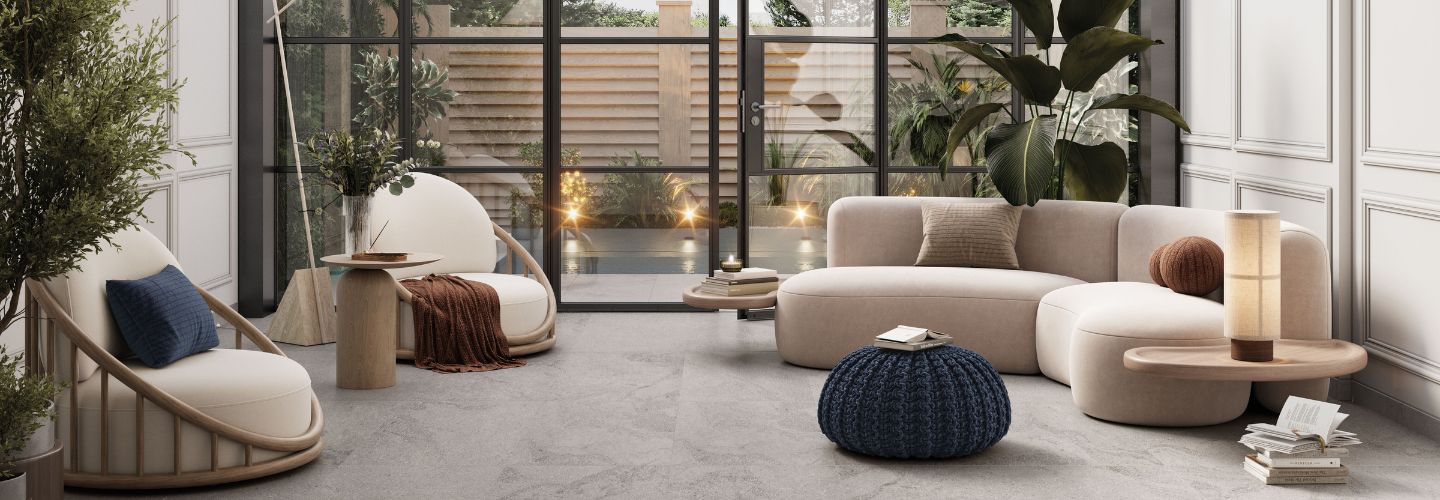 Beautiful solarium with concrete look porcelain tile 