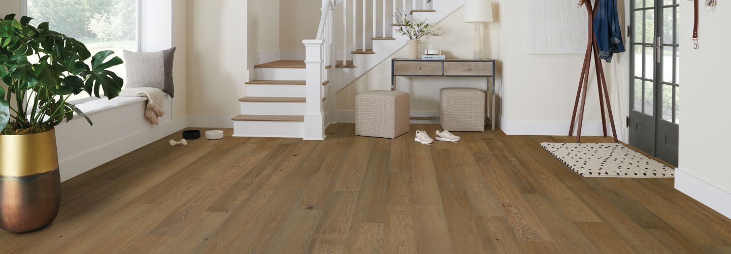 entry wa and staircase with Fortessa densified hardwood flooring