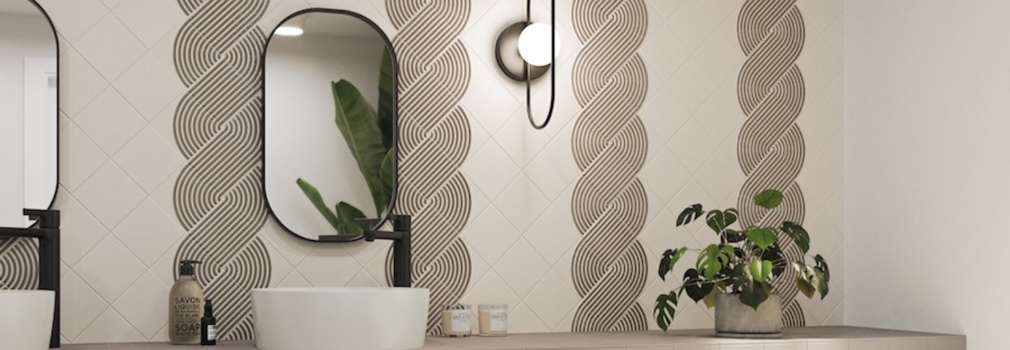 Twisted vertical stripes onbathroom wall.