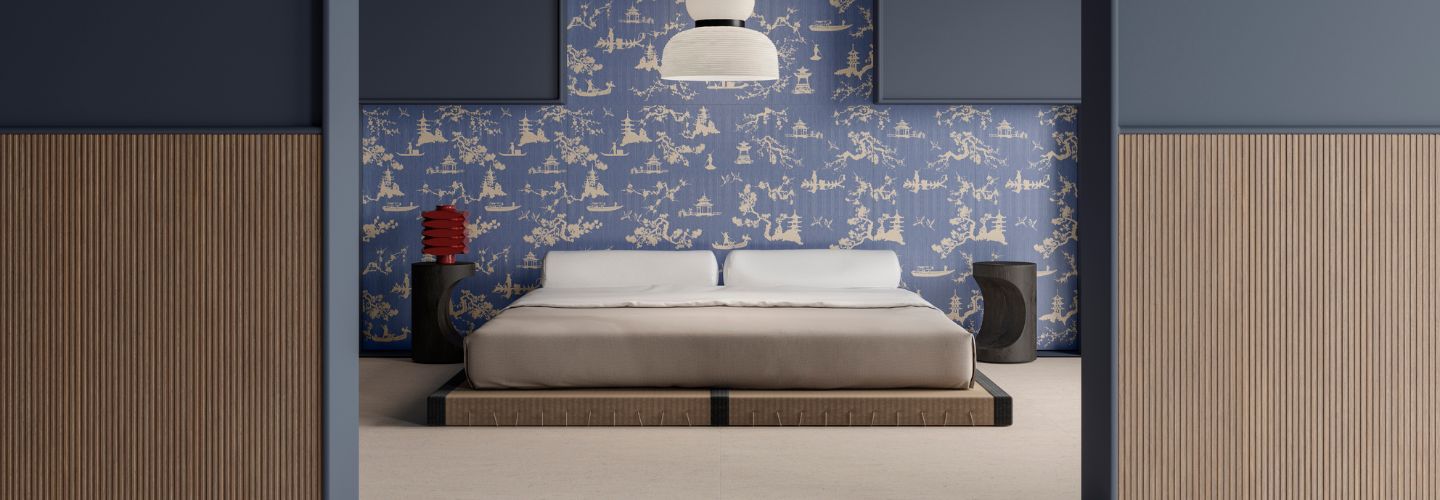 Hotel guestroom with Washi porcelain tile on floor