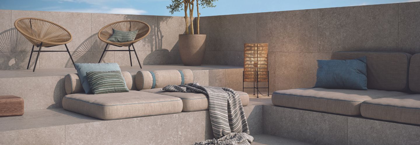 outdoor living area with Blejn porcelain exterior tile 