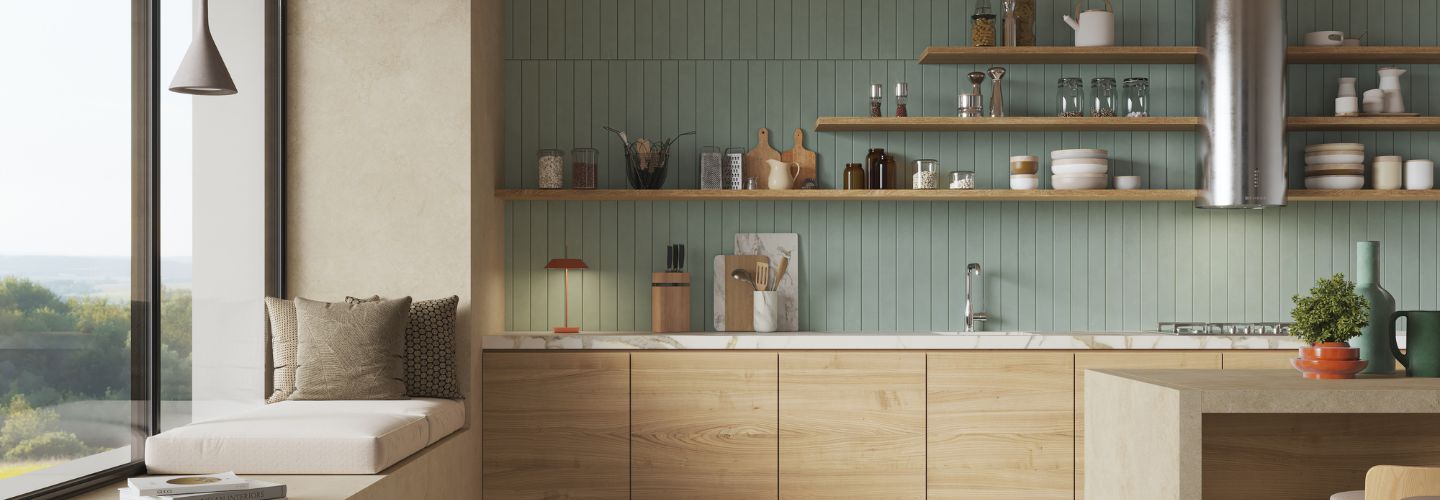 kitchen with unique pattern on green tiled backsplash 