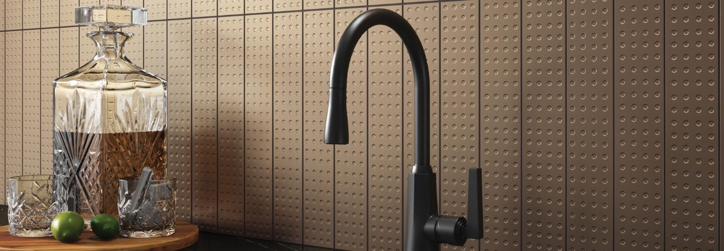 Native Metal porcelain and resin tile backsplash 