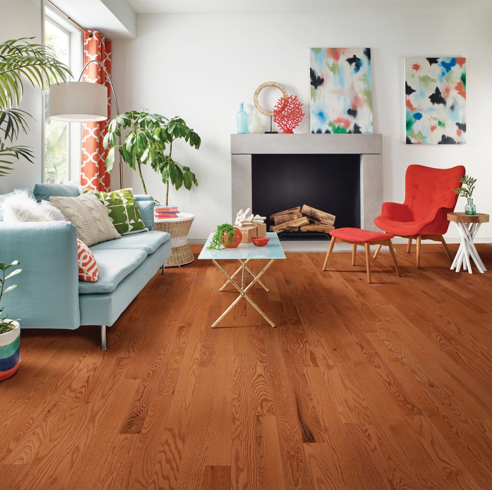 Living room with solid hardwood