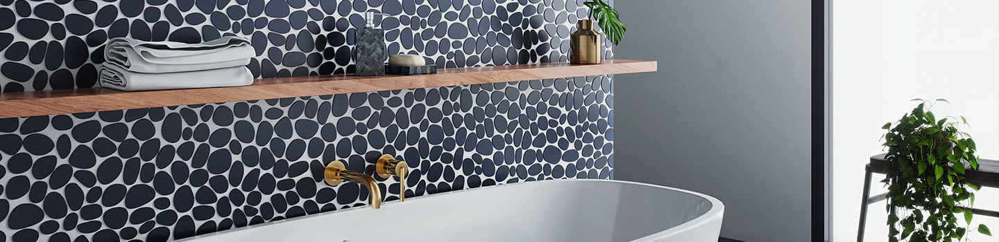 Island Stone palms glass mosaic bathroom