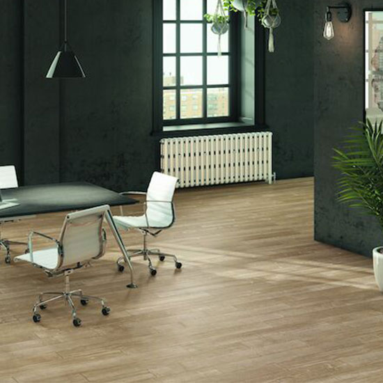 wood-look tile used in commercial office space
