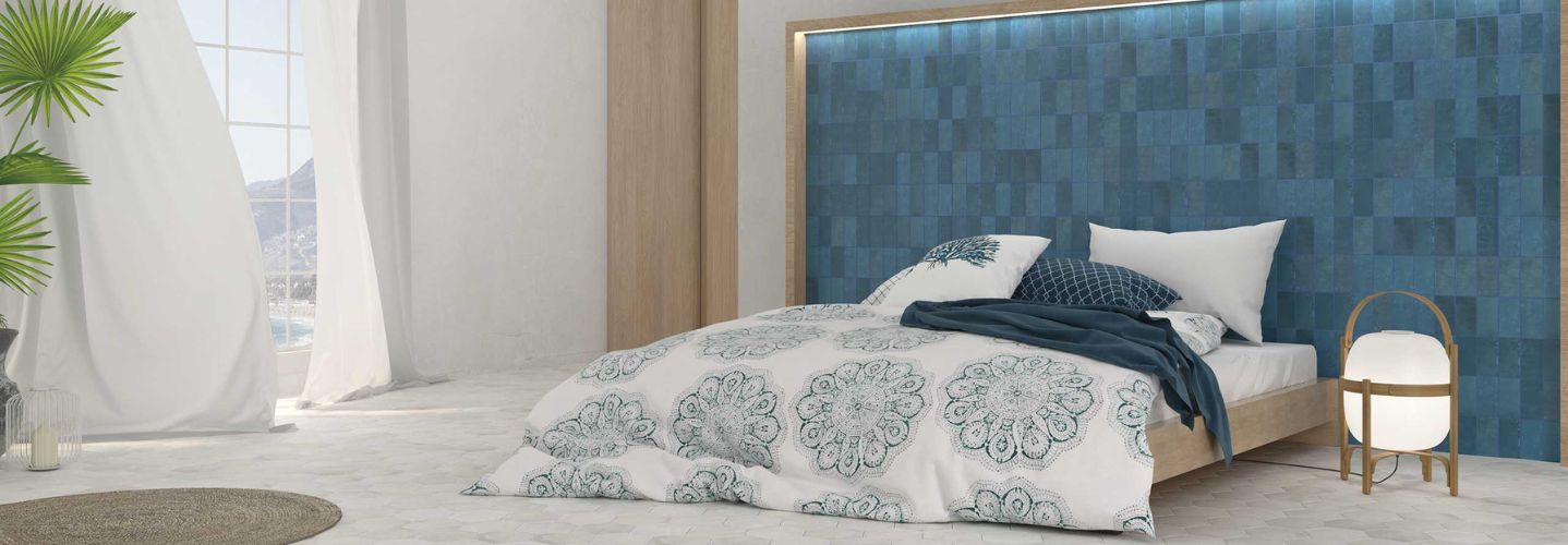 tile headboard in bedroom