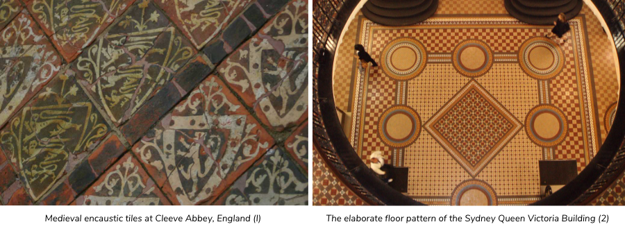 Medieval encaustic tiles at Cleeve Abbey, England and The elaborate floor pattern of the Sydney Queen Victoria Building
