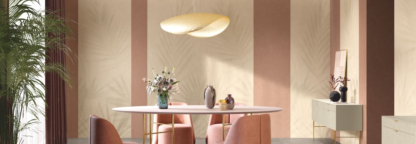 dining room with Gemini porcelain panels in floral deco on walls