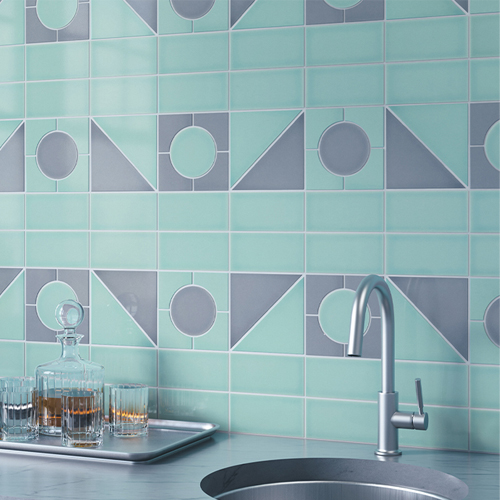 aqua and gray graphic pattern shower from the Cursive series